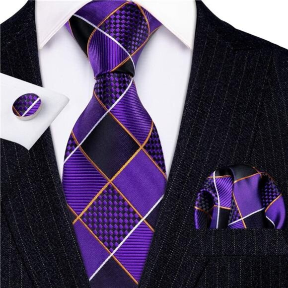 Plaid Ties Check Mens Necktie Set with Handkerchief Cufflinks Classic Stripe - Picture 7 of 8